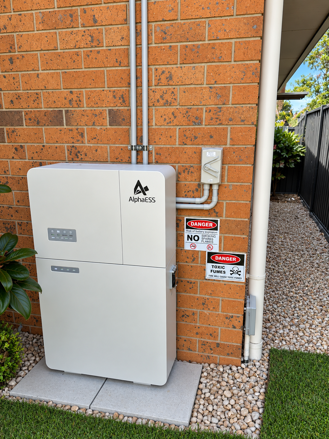 Home battery storage unit installed against a brick wall with safety signage
